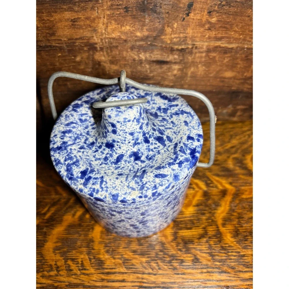 Vintage Pine River Blue Spongeware Stoneware Crock with Lid and Wire Bale Handle